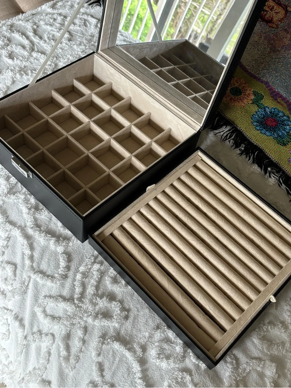 Leather Jewelry Box with Built-In Mirror - Black and Beige